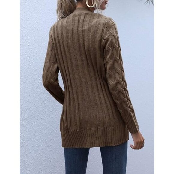 Women's Fall Long Sleeve Cable Knit Sweater Open Front Cardigan, Coffee - Picture 4 of 7
